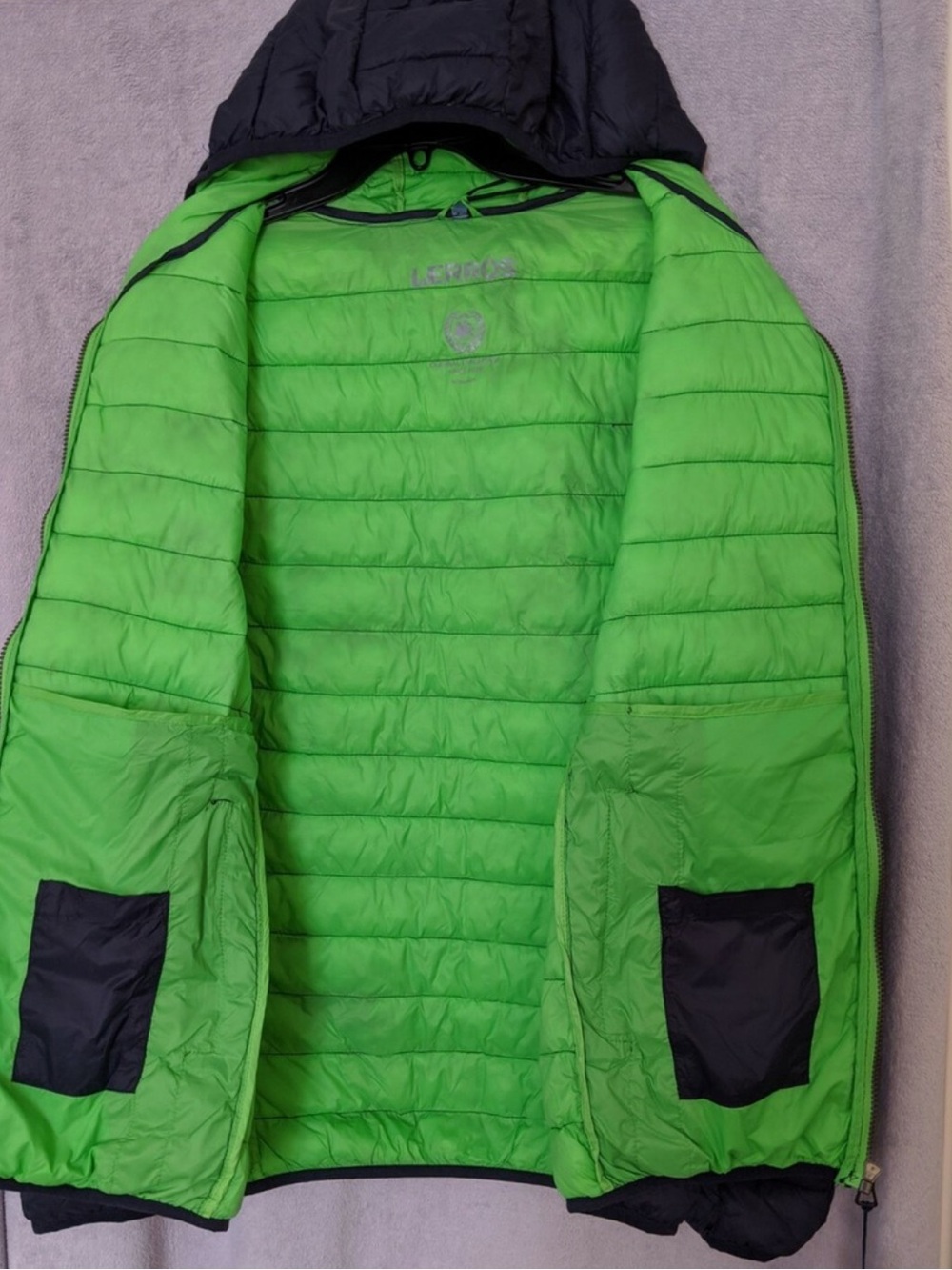 Women’s Black Puffer Jacket with Bright Green Lining